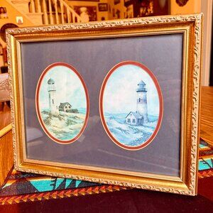 Vintage Coastal Lighthouse Themed Double Oval Painting Framed in Ornate Frame